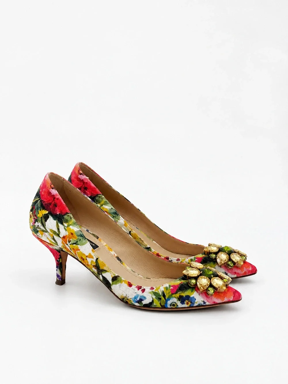 Dolce & Gabbana Floral Crystal Embellished Pointed Toe Pumps Heels
